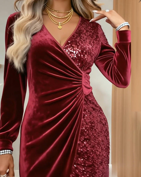Elegant Sequins Design Long Sleeve Party Dress Women Sexy V Neck Bodycon Dresses For Women Evening Dress Christmas Clothes