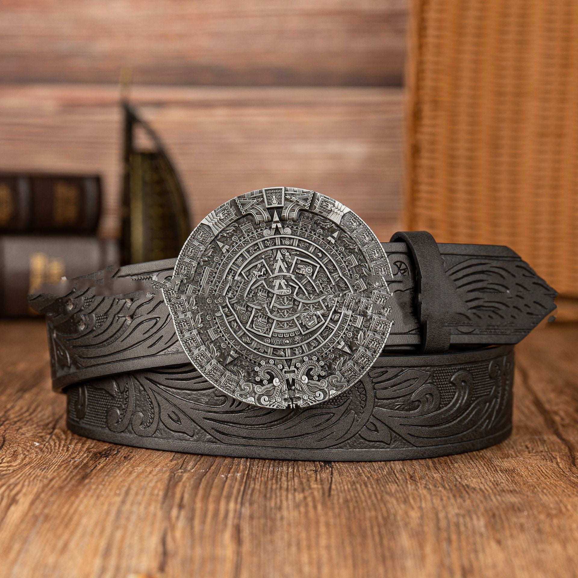 Aztec Sun Calendar Stone Buckle Retro PU Leather Belt