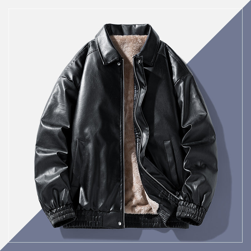 Winter Retro Minimalist Casual Lapel Fashionable Fleece-Lined Leather Jacket