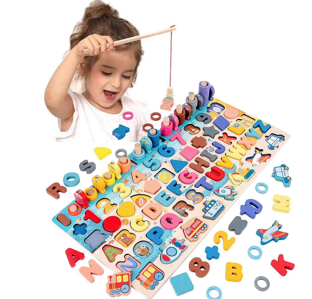 Montessori Wooden Math Fishing Board Educational Toy for Kids, 1-3 Years Old