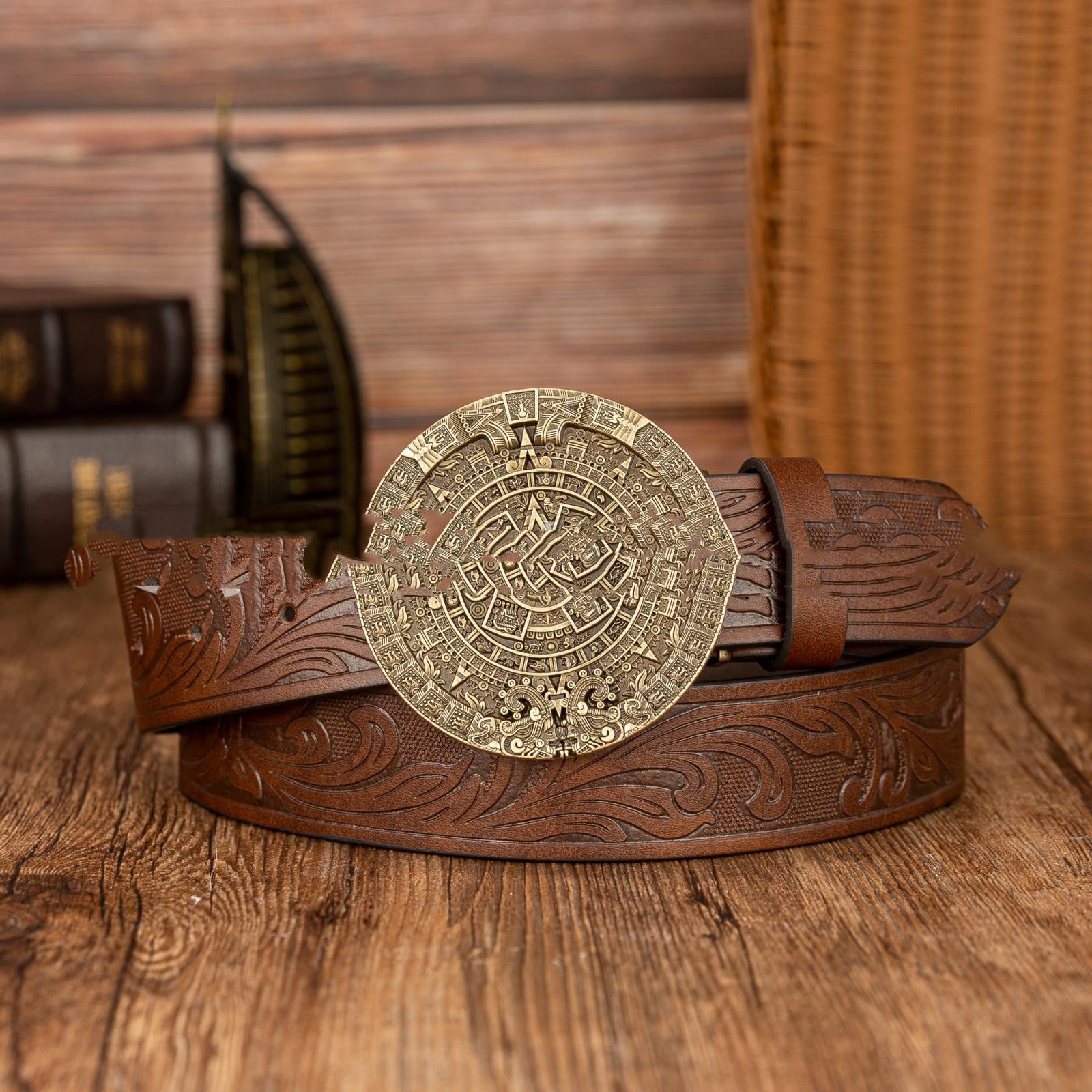 Aztec Sun Calendar Stone Buckle Retro PU Leather Belt