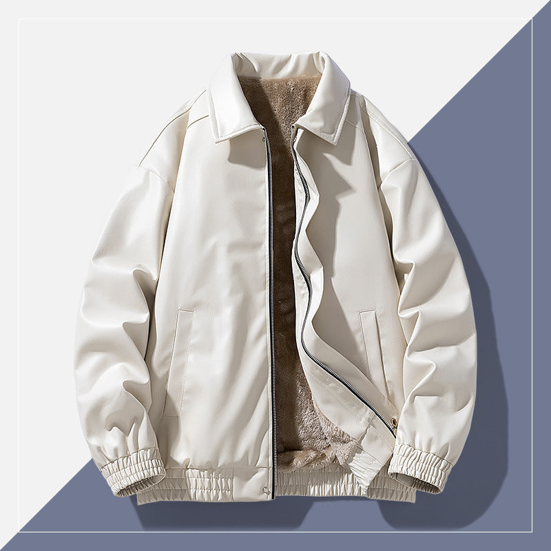 Winter Retro Minimalist Casual Lapel Fashionable Fleece-Lined Leather Jacket