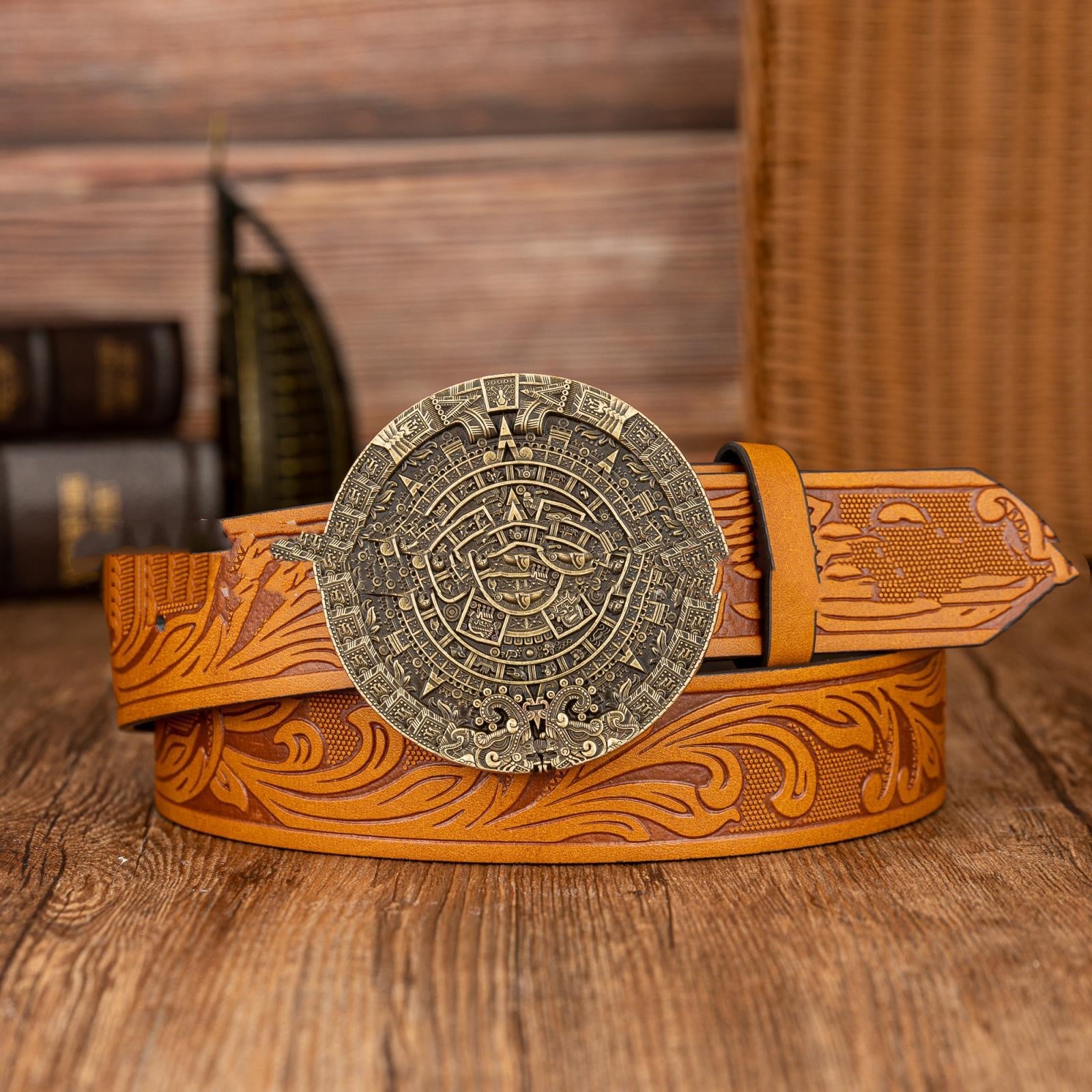 Aztec Sun Calendar Stone Buckle Retro PU Leather Belt