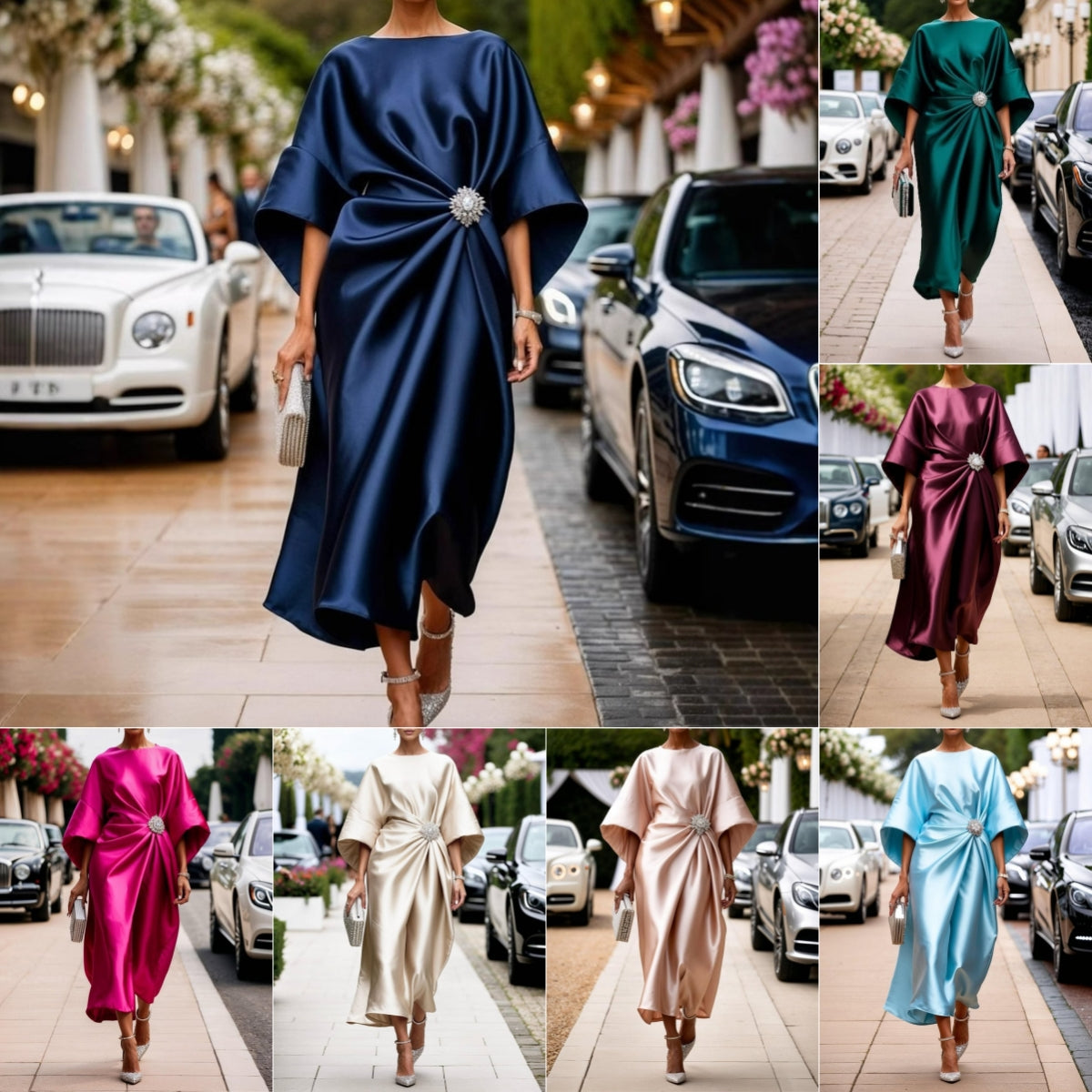 Elegant Commuter Design Sense Satin Long Dress For Women With Pearl Flower Decoration High Waist Irregular Skirt